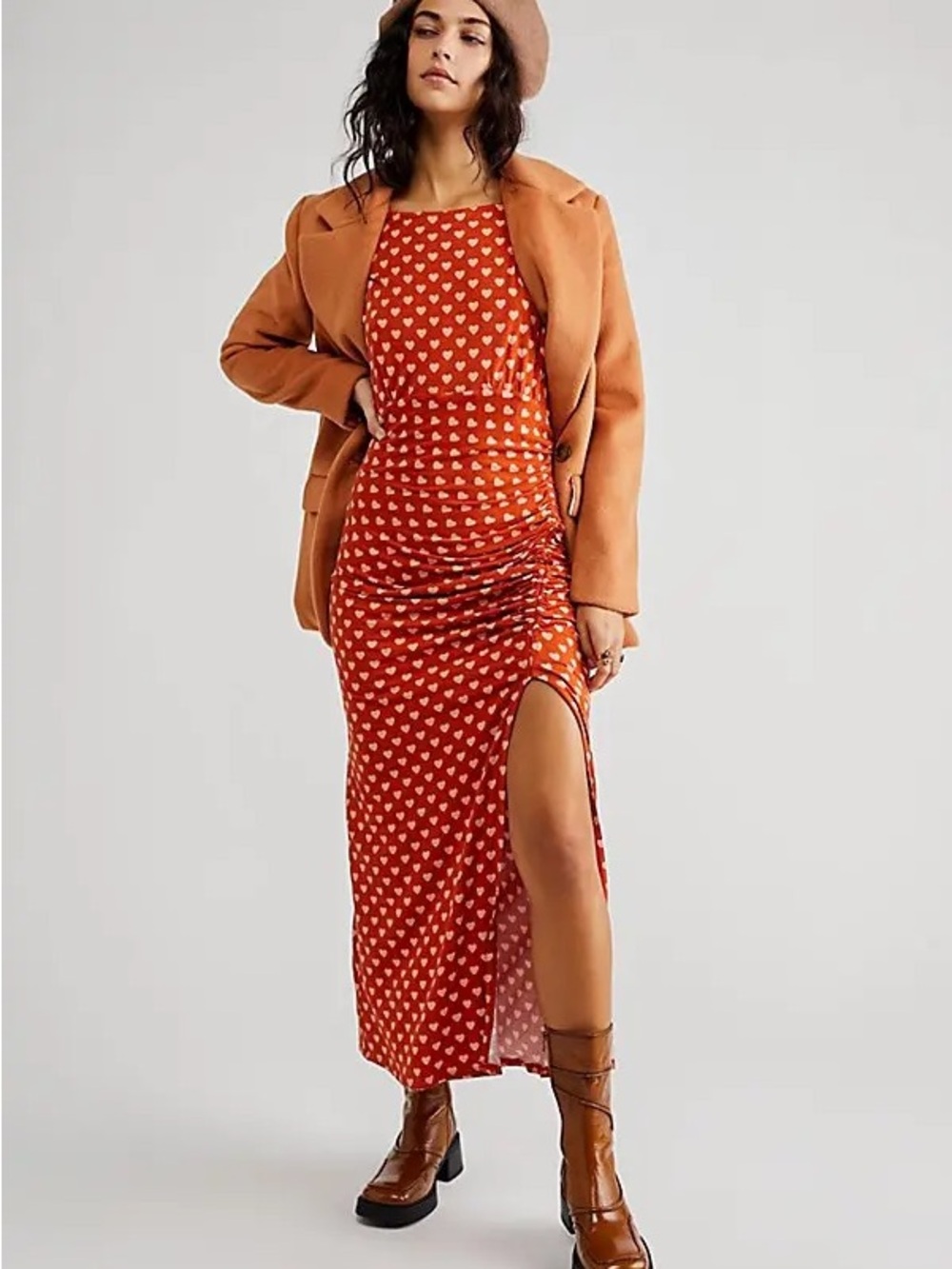 Free People Lakeside Red Heart-Print Side-Slit Maxi Dress - Picture 1 of 3